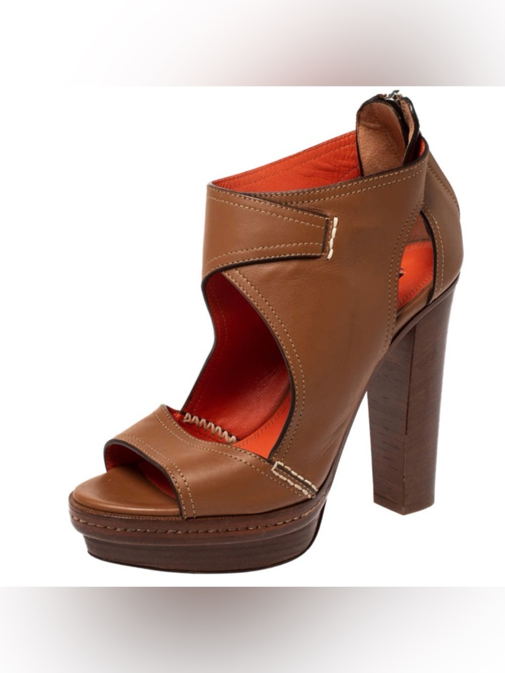 Ralph Lauren Taupe Leather Open-Toe Wedge Sandals with Red Insole